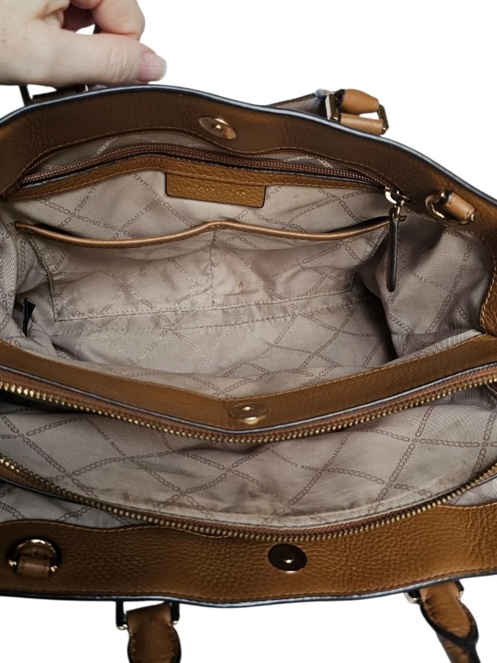 Michael Kors Brown Logo-Print Satchel with Tan Handles and Gold Hardware - Picture 5 of 8